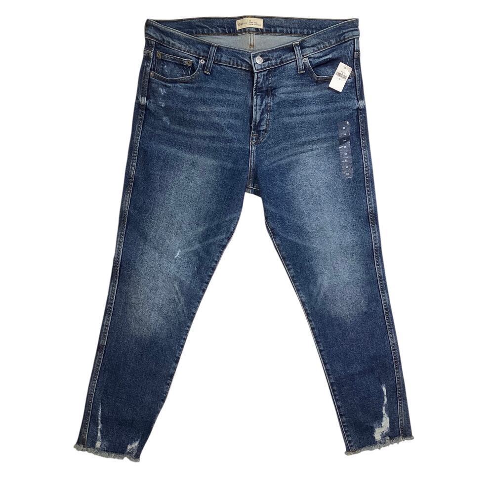 Gap High Rise slim‎ straight medium wash distress raw hem size 33